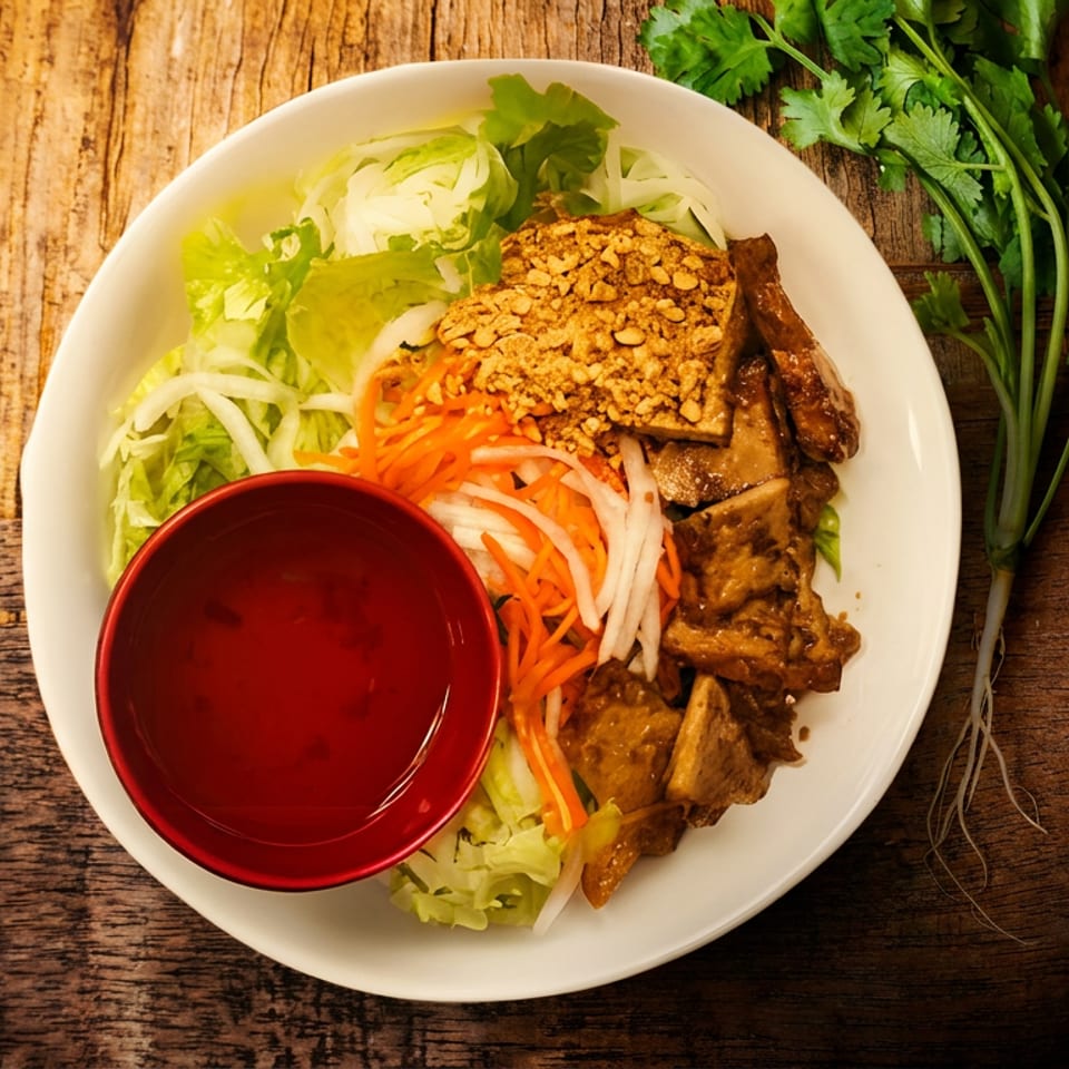 Vietnamese vermicelli bowl with grilled meat, fresh vegetables, peanuts, and dipping sauce.