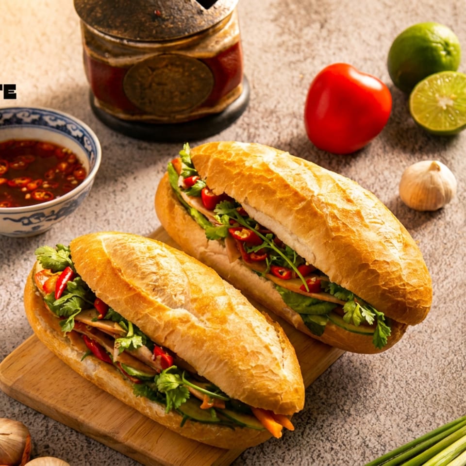 Two Vietnamese banh mi sandwiches on a wooden board with fresh herbs, chili, and dipping sauce.