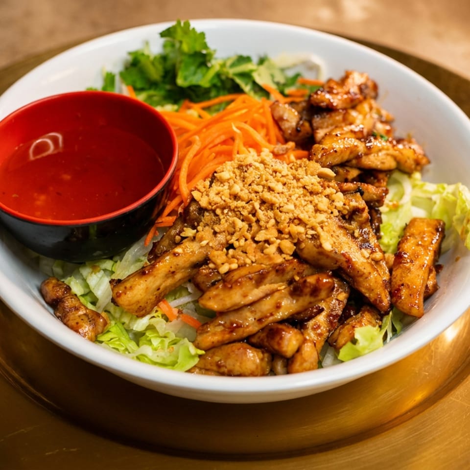 A white bowl of grilled chicken, shredded carrots, lettuce, and peanuts, with a side of sauce.